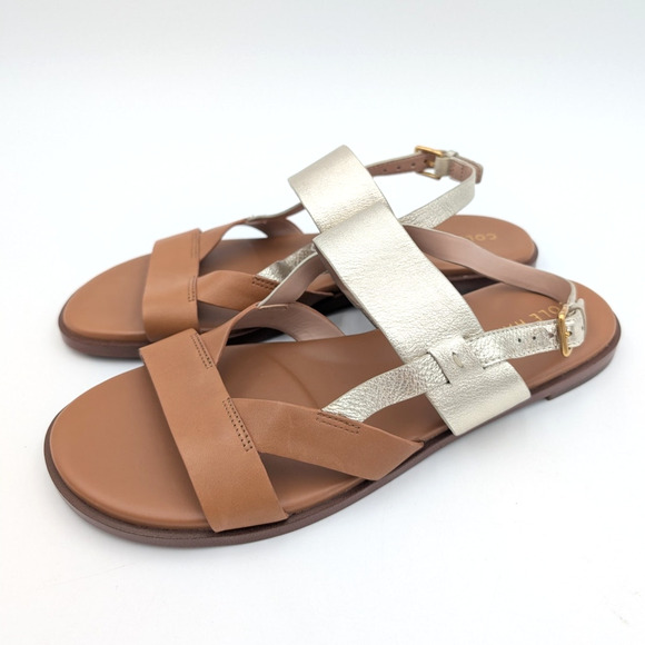 Cole Haan Fawn Women's Slingback Flat Sandal Strappy Tan/Gold Buckle Size US8B - Picture 1 of 9